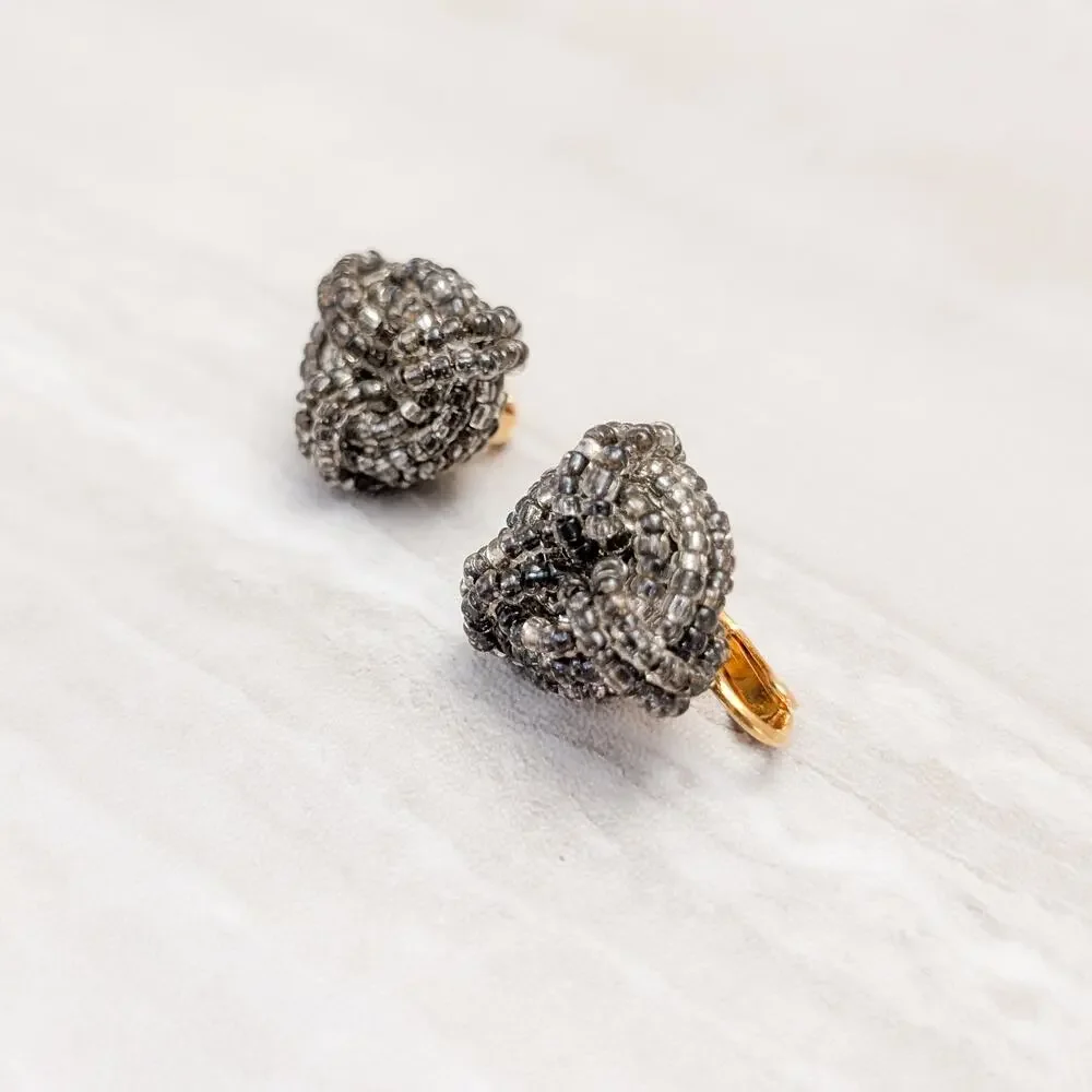 Vintage Clip On Earrings Grey Beaded Stylish Design Statement Earrings